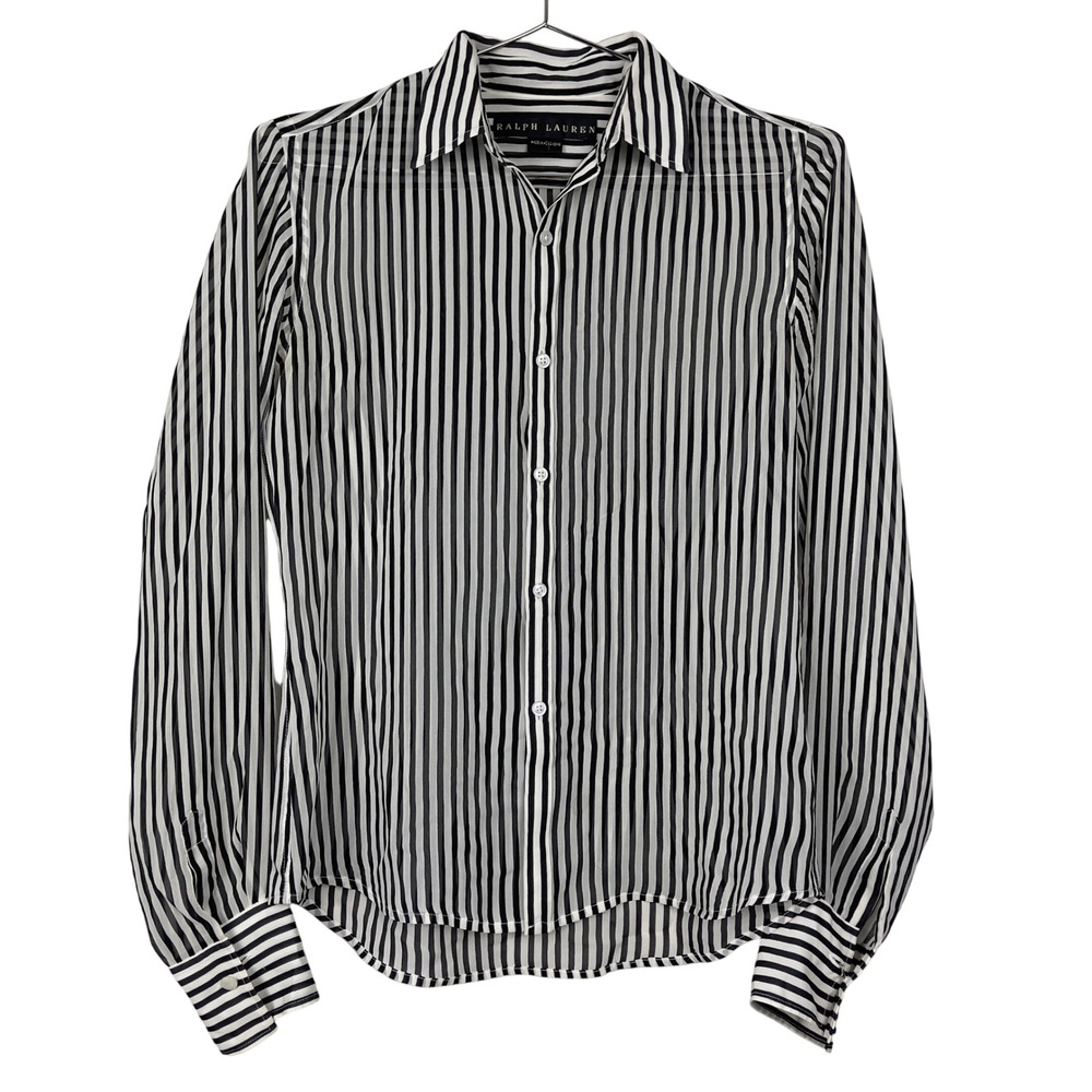 Vintage Ralph Lauren Sheer Silk Button Down Shirt 2 Black White Stripe Old Money